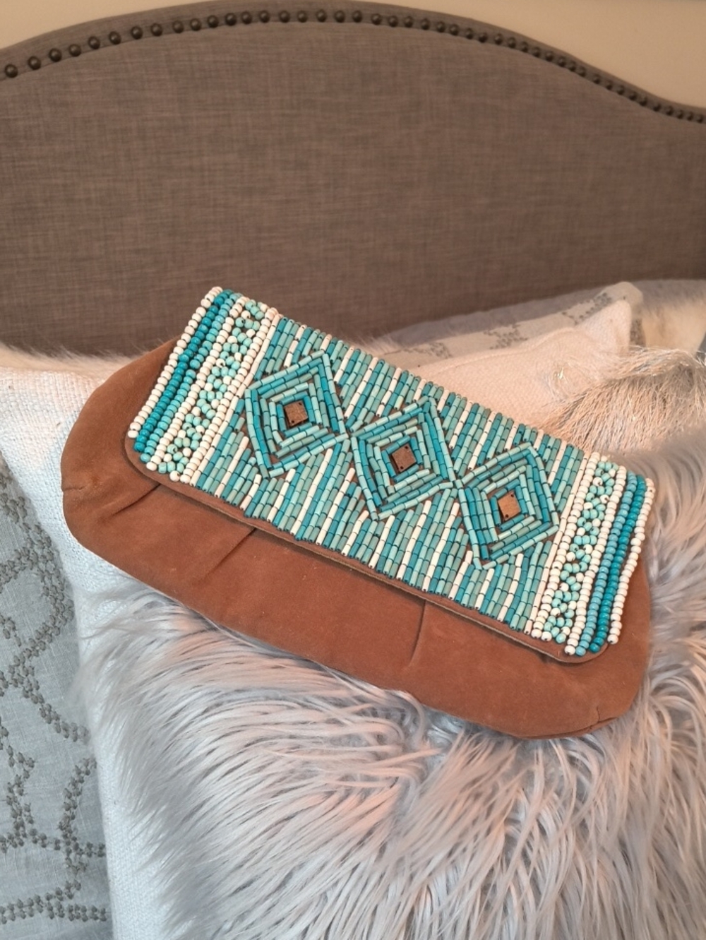 Beaded Turquoise Suede Clutch Bag - Women
